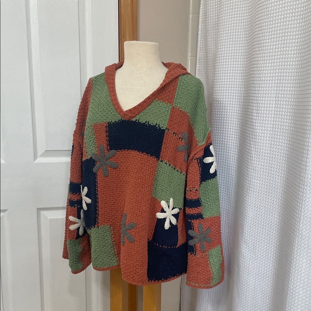 POL Multicolor Patchwork V-Neck Hooded Sweater M Oversized